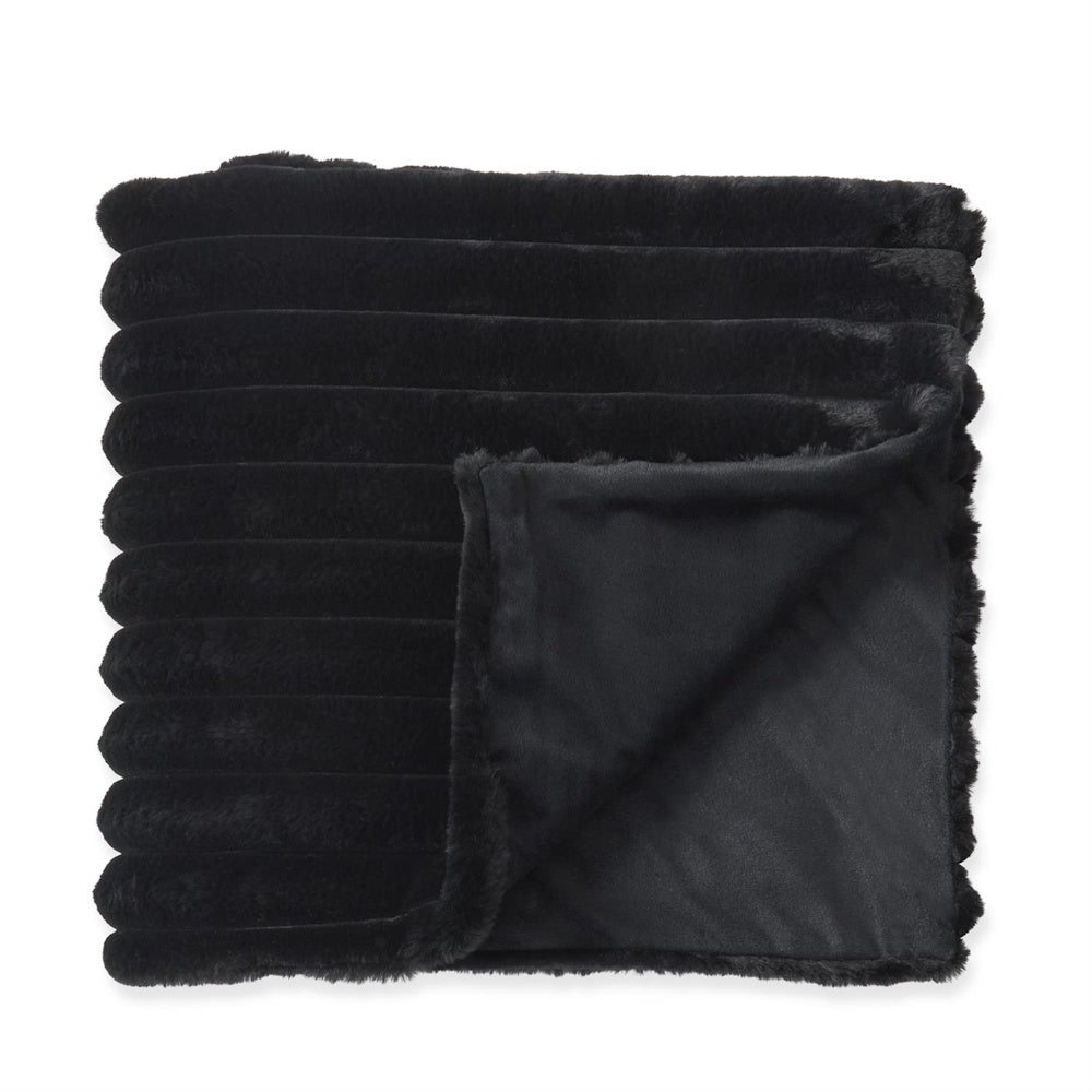 Neatly folded plush black faux fur throw blanket with ribbed texture and smooth lining.