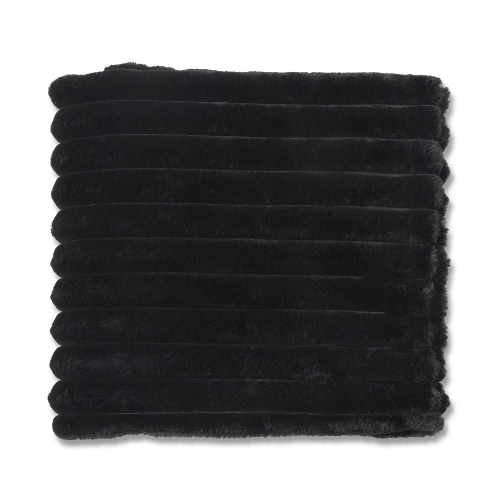Neatly folded plush black faux fur throw blanket with ribbed texture.