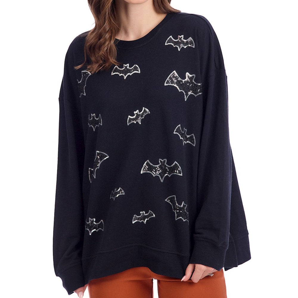 Black oversized sweatshirt with silver sequin bat patterns for cozy Halloween fashion.