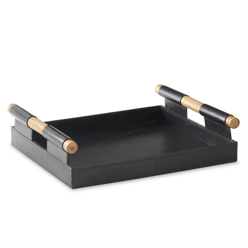 Modern black leather decorative tray featuring light wood dowel handles. Minimalist home decor accessory.