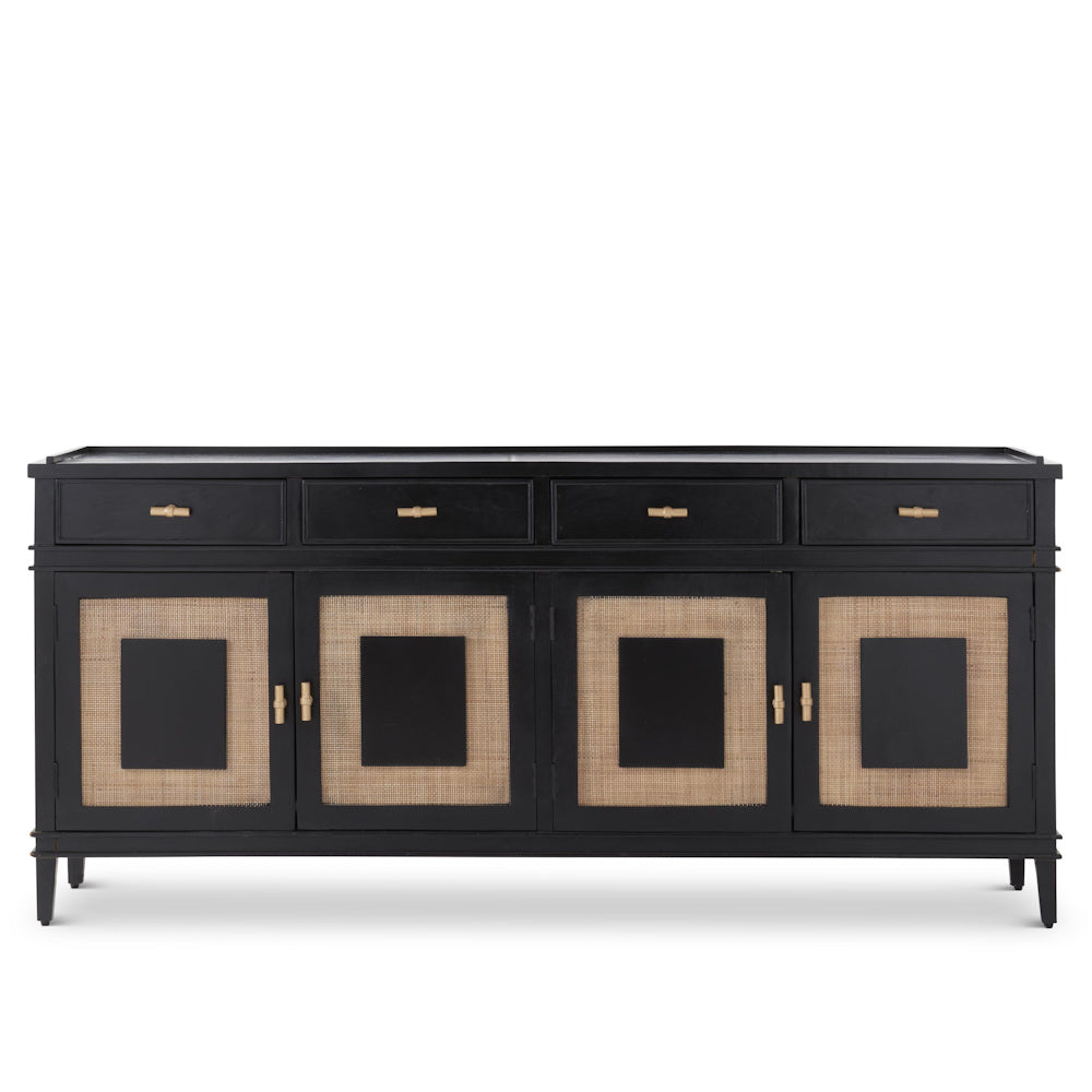 Black mango wood 4-door sideboard featuring rattan door panels, gold hardware, and four storage drawers on a white background.