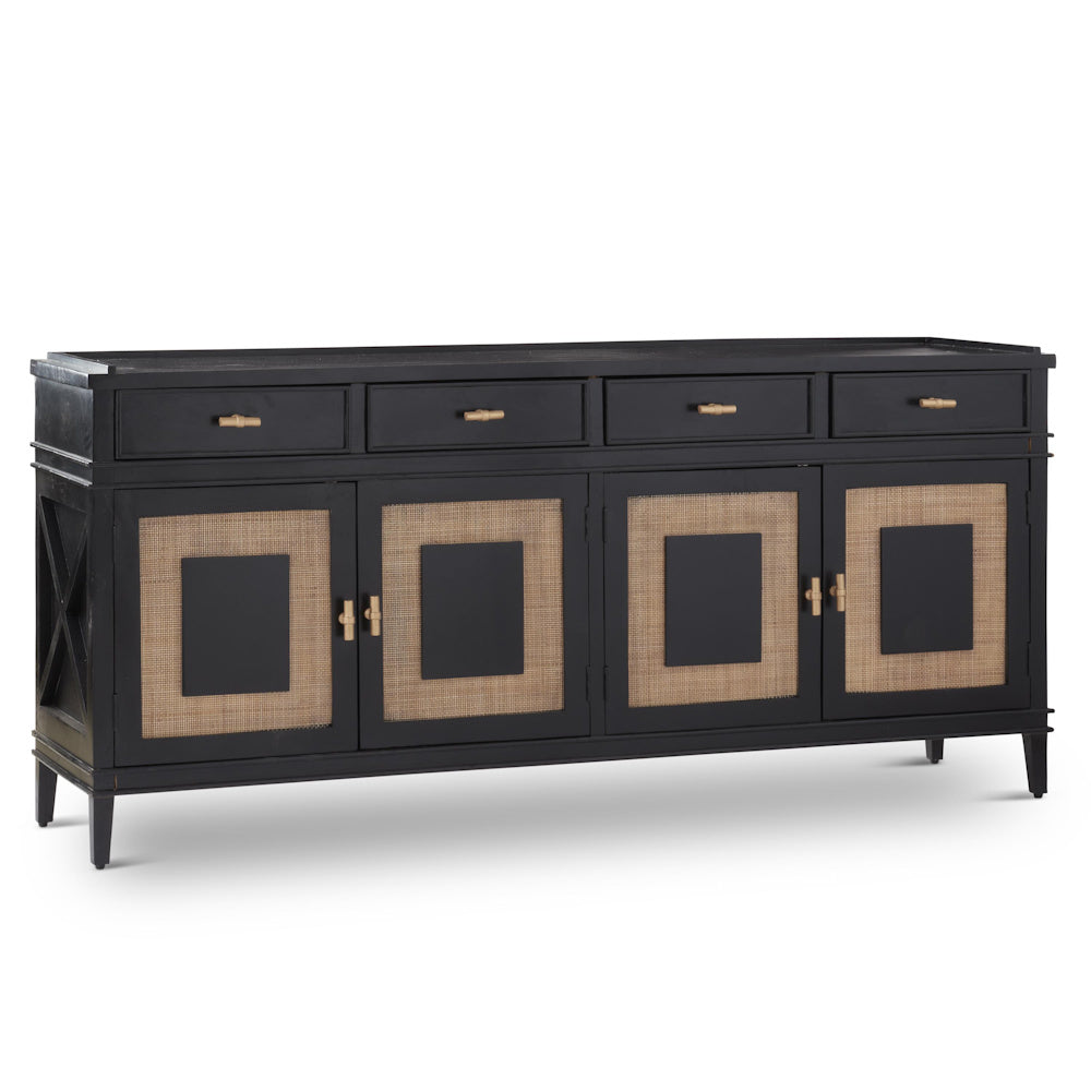 Black mango wood and rattan 4-door sideboard with four drawers, woven panels, and gold hardware on a white background.