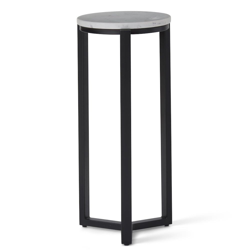 Modern round drink table with a white marble top and a slim black metal tripod frame, isolated on a white background.