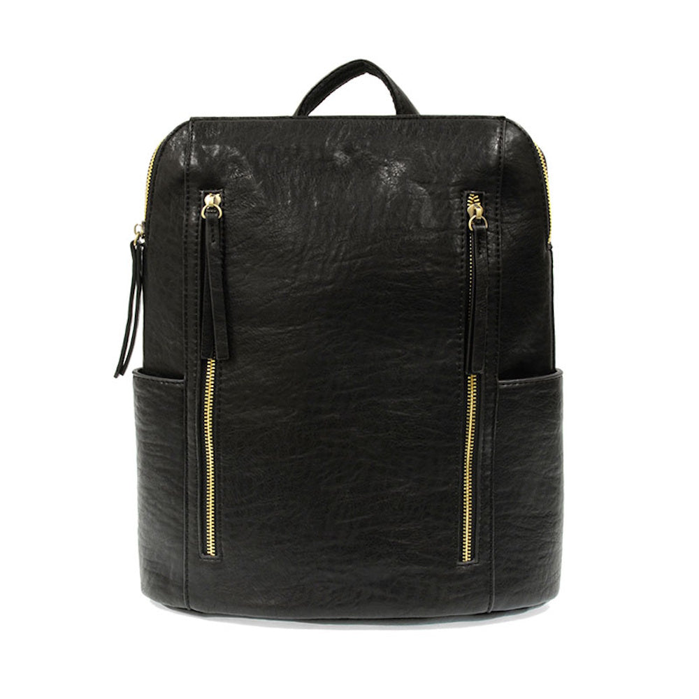 Black pebbled faux leather backpack featuring double front vertical zippers with gold-tone hardware and a top handle.