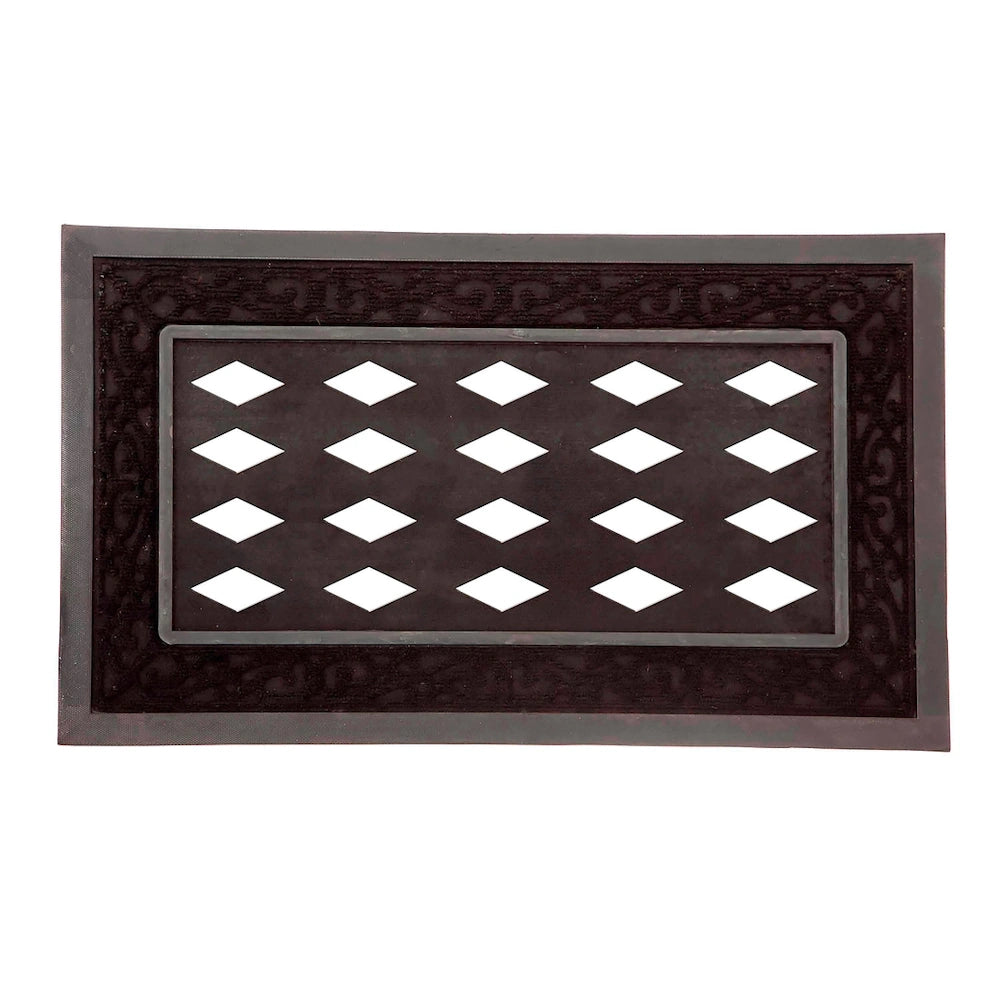 Black rectangular rubber door mat tray featuring a decorative scrollwork border and a diamond-patterned cutout center.