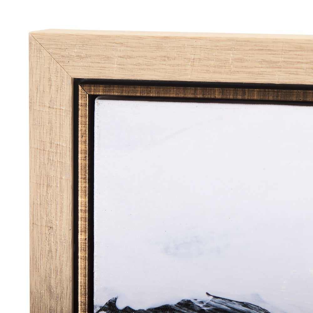 Close-up of the light wood floating frame corner on the abstract canvas art.