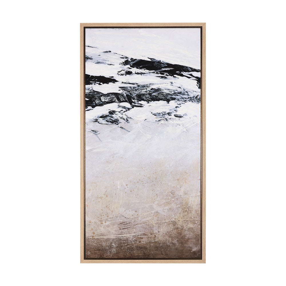 Framed abstract painting with textured black, white, and earthy brown brushstrokes on a vertical canvas.