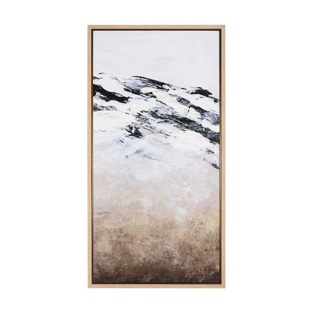 Framed abstract canvas painting with bold black and white strokes over a textured beige and brown background.