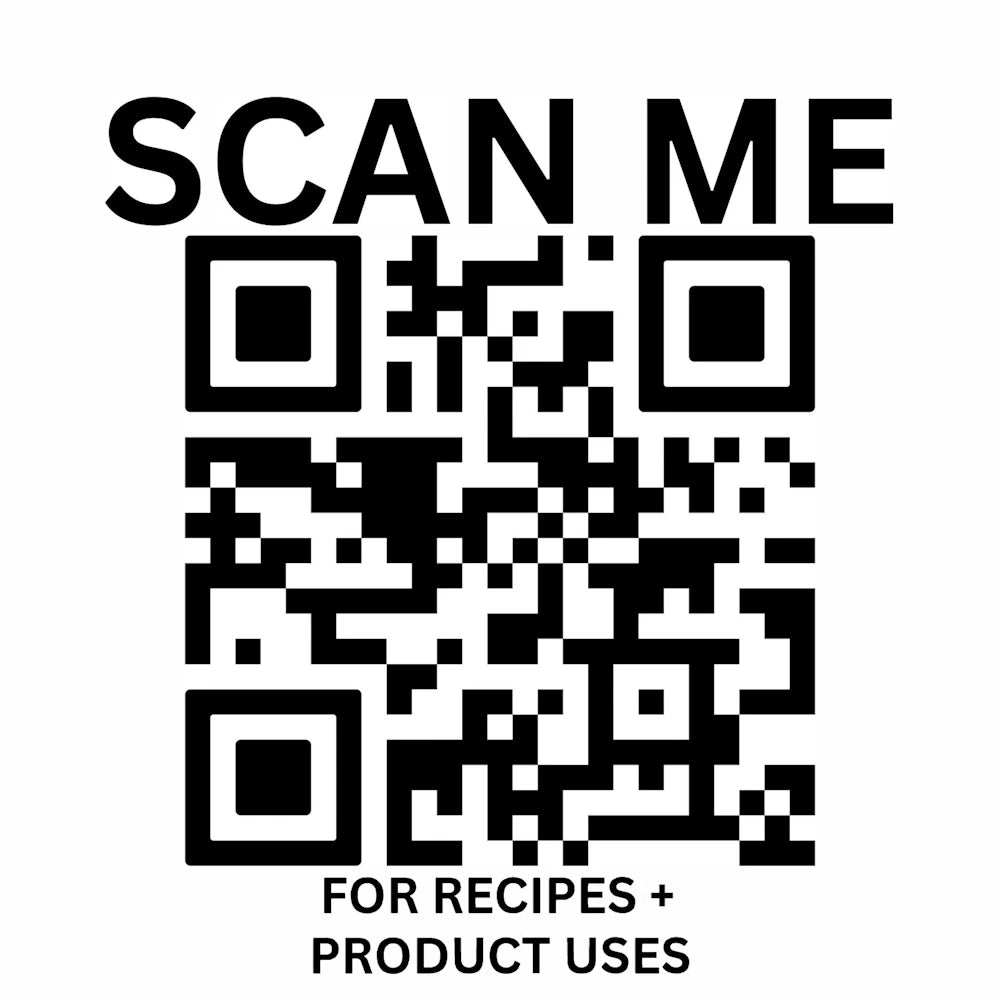 QR code with "SCAN ME" text above and "FOR RECIPES + PRODUCT USES" below for black truffle infused olive oil.