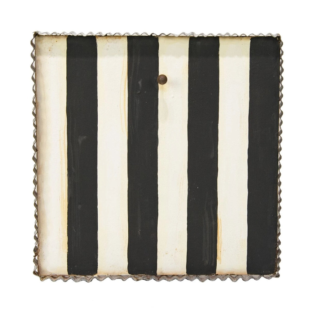 Square black and white striped mini gallery display board with a corrugated metal trim on a white background.