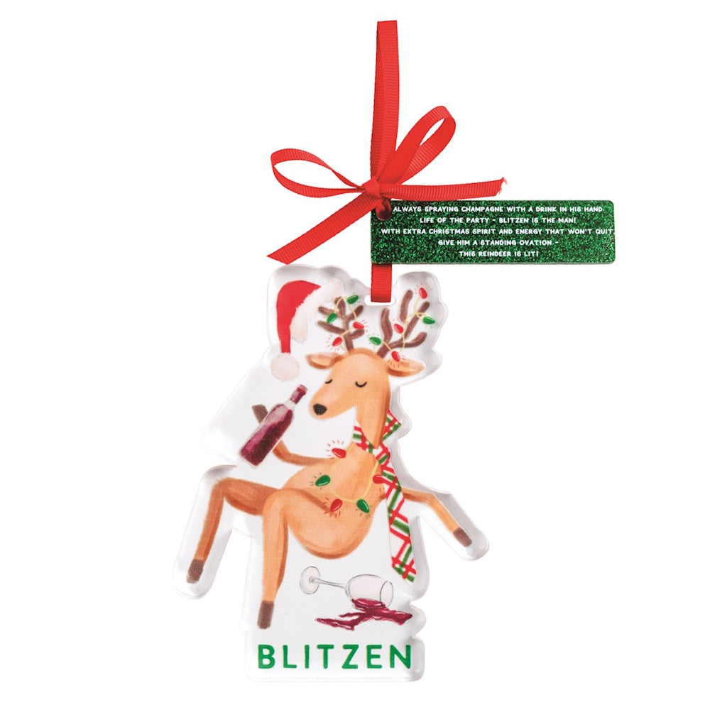 Blitzen reindeer ornament holding a bottle with a red bow and green poem tag.