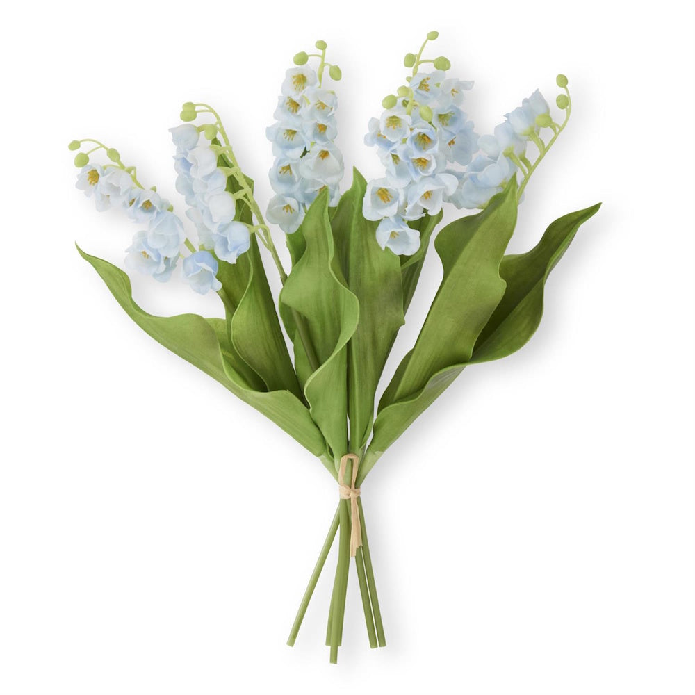6-stem bundle of light blue real-touch artificial lily of the valley flowers with green leaves on a white background.