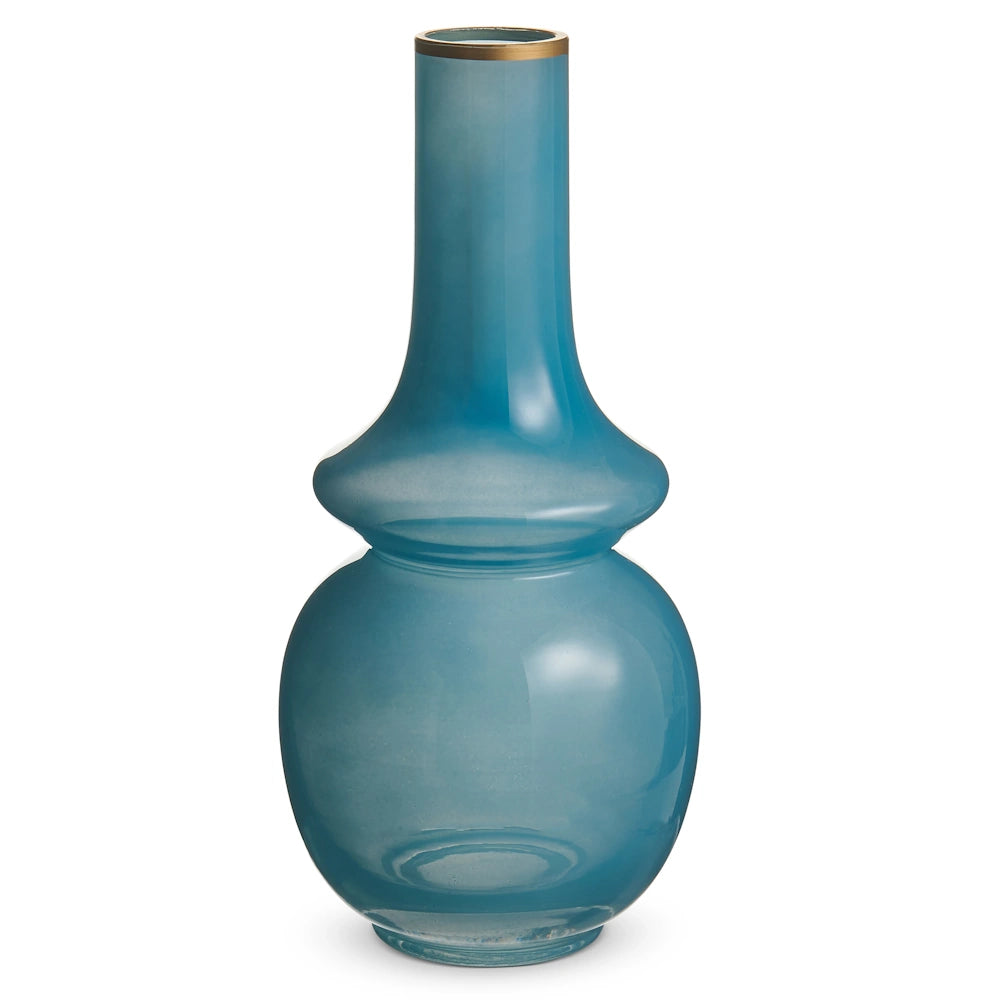 Blue glass bud vase with a bulbous base, a flared middle, a long neck, and a gold-trimmed rim.