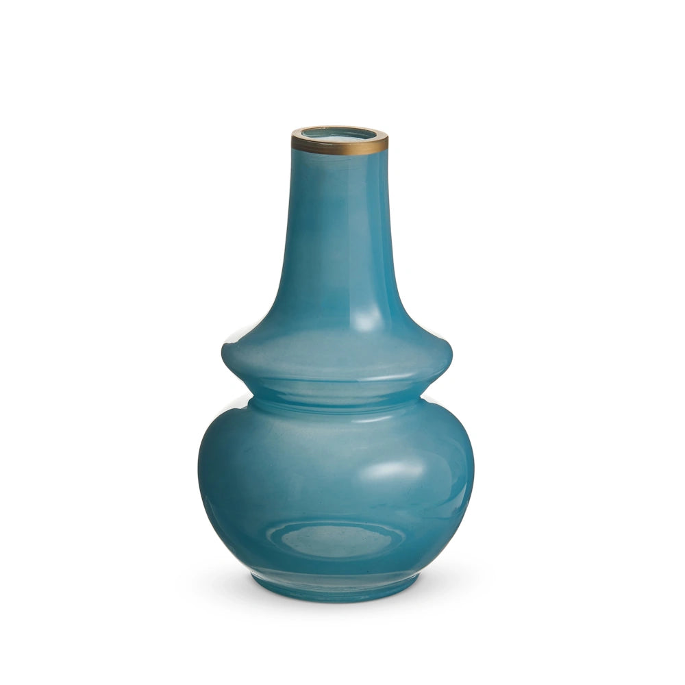 A blue-colored, double-bulbed glass bud vase with a slender neck and a thin gold rim against a white background.