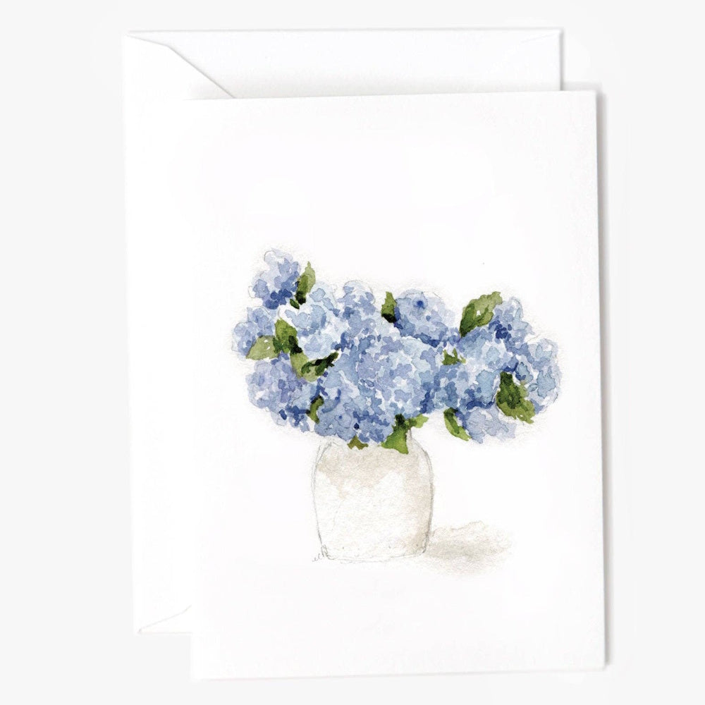 Watercolor blue hydrangea flowers in a white vase on a mini enclosure notecard with a matching white envelope.