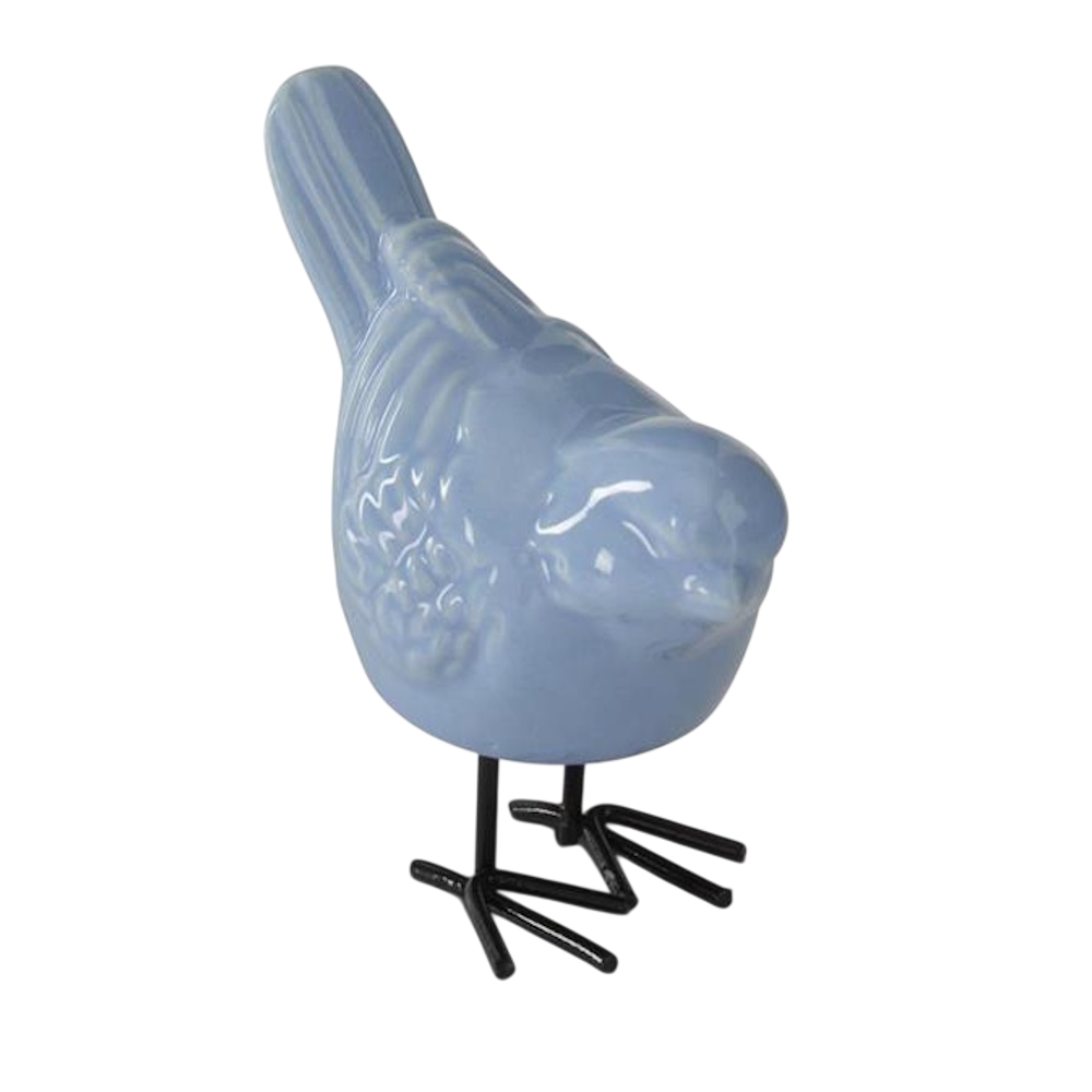 Light blue glazed porcelain bird figurine with black wire legs on white background for home decor.