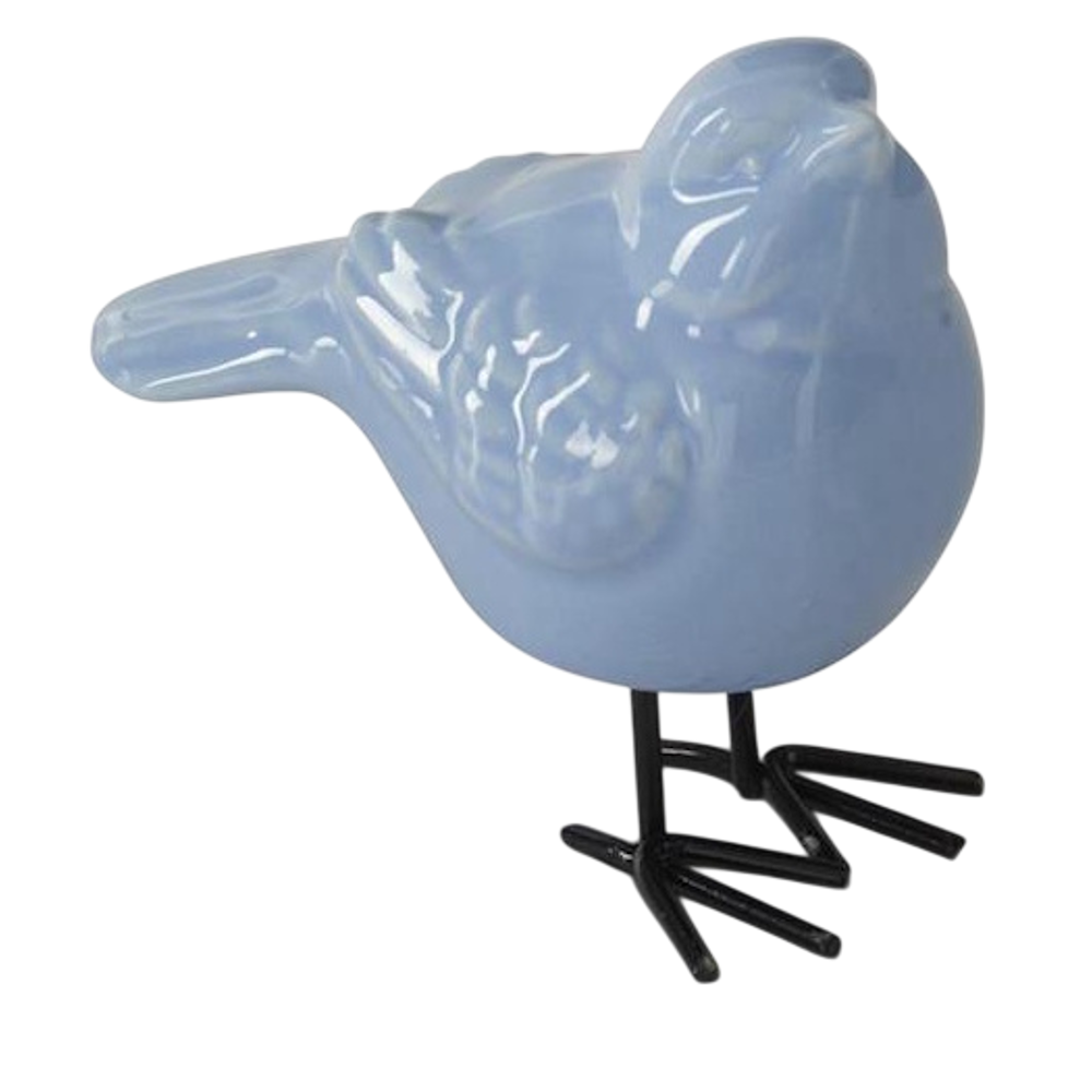 Small light blue porcelain bird figurine with black metal legs and a glossy finish on a white background.