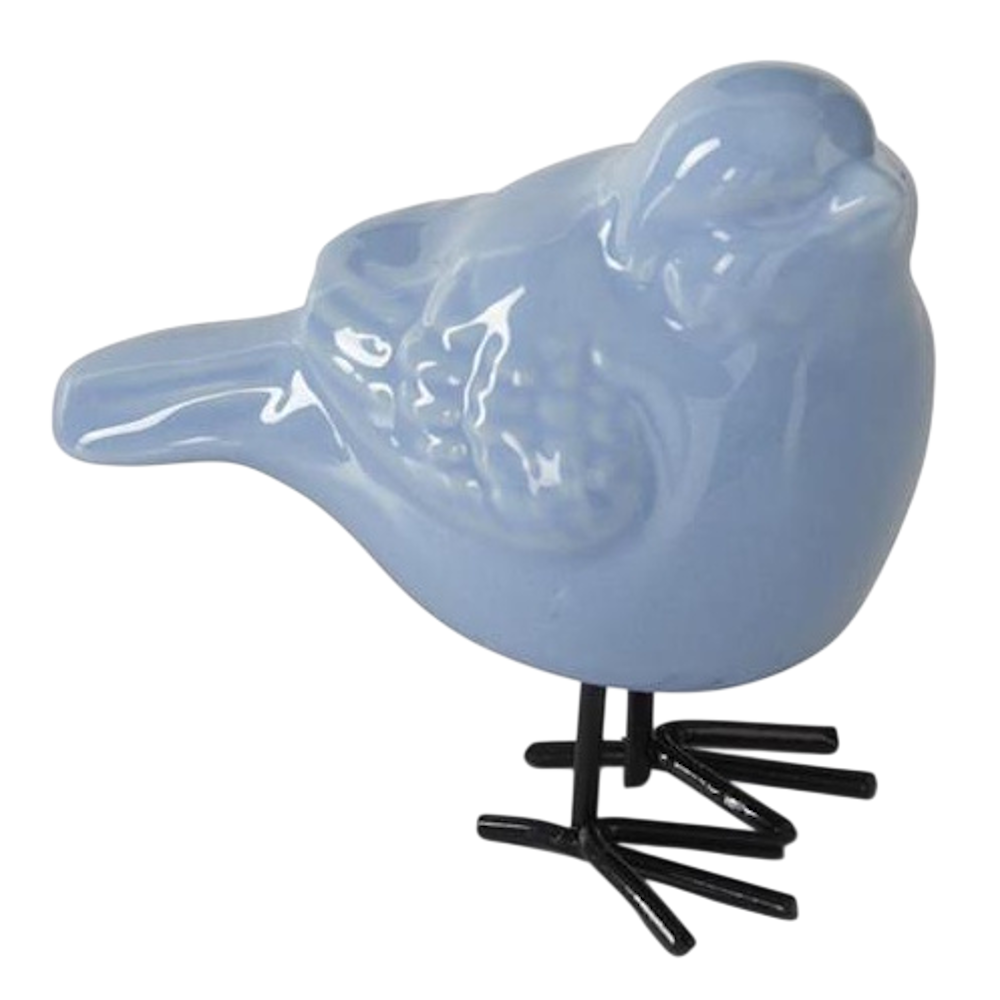 Blue porcelain bird figurine with black metal legs on a white background.