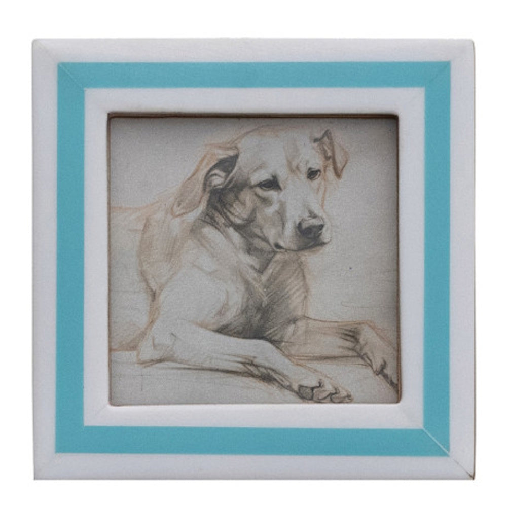 Square white frame with a blue stripe holding a sketch of a resting dog.