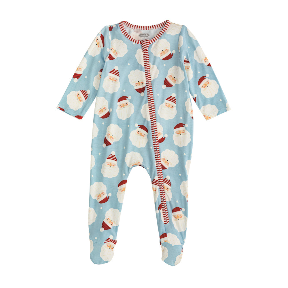 Light blue baby footie sleeper with Santa Claus print and red and white striped zipper trim for holiday sleepwear.