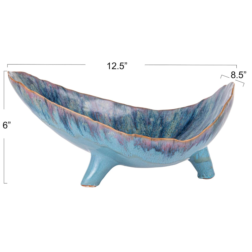 Blue footed stoneware bowl with dimensions: 12.5 inches long, 8.5 inches wide, and 6 inches high.