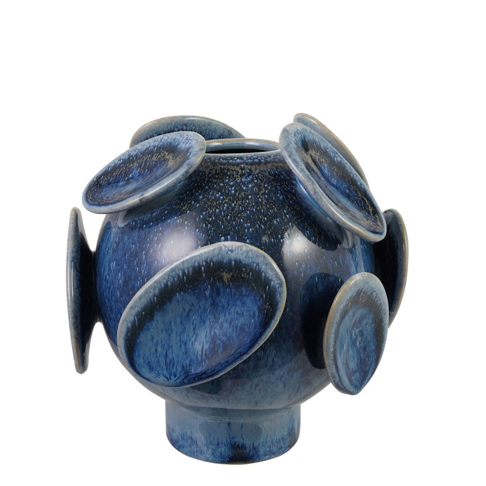Spherical blue stoneware footed vase featuring protruding 3D oval disk-like designs.