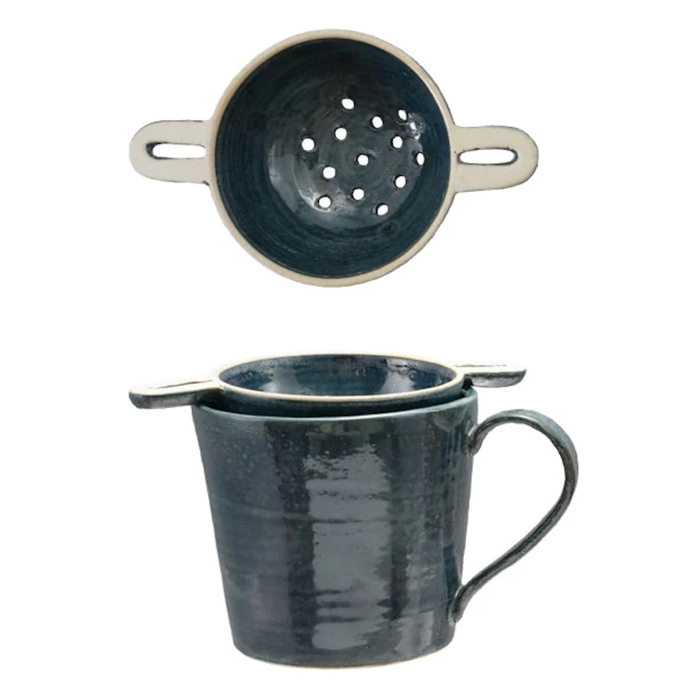 Blue glaze stoneware tea mug with matching ceramic strainer and top view of infuser holes.