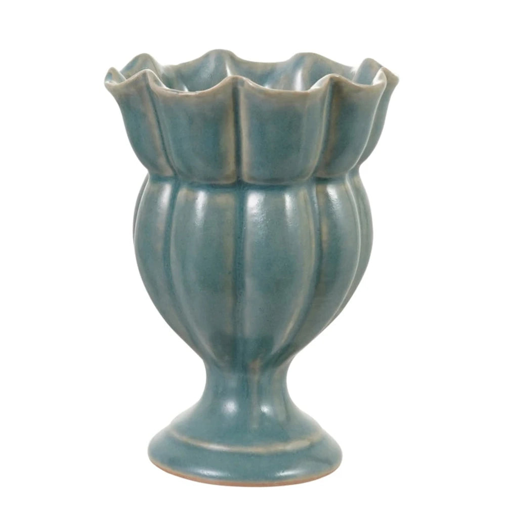 Light blue-green glazed ceramic footed vase featuring a scalloped rim and vertical ribbed urn body.