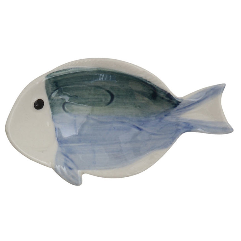 Small, hand-painted ceramic dish shaped like a fish, featuring shades of blue, teal, and white glaze.
