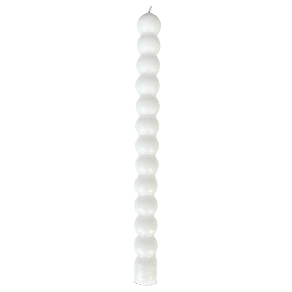 White bubble-textured taper candle against a plain white background, featuring a unique sculptural ribbed design.