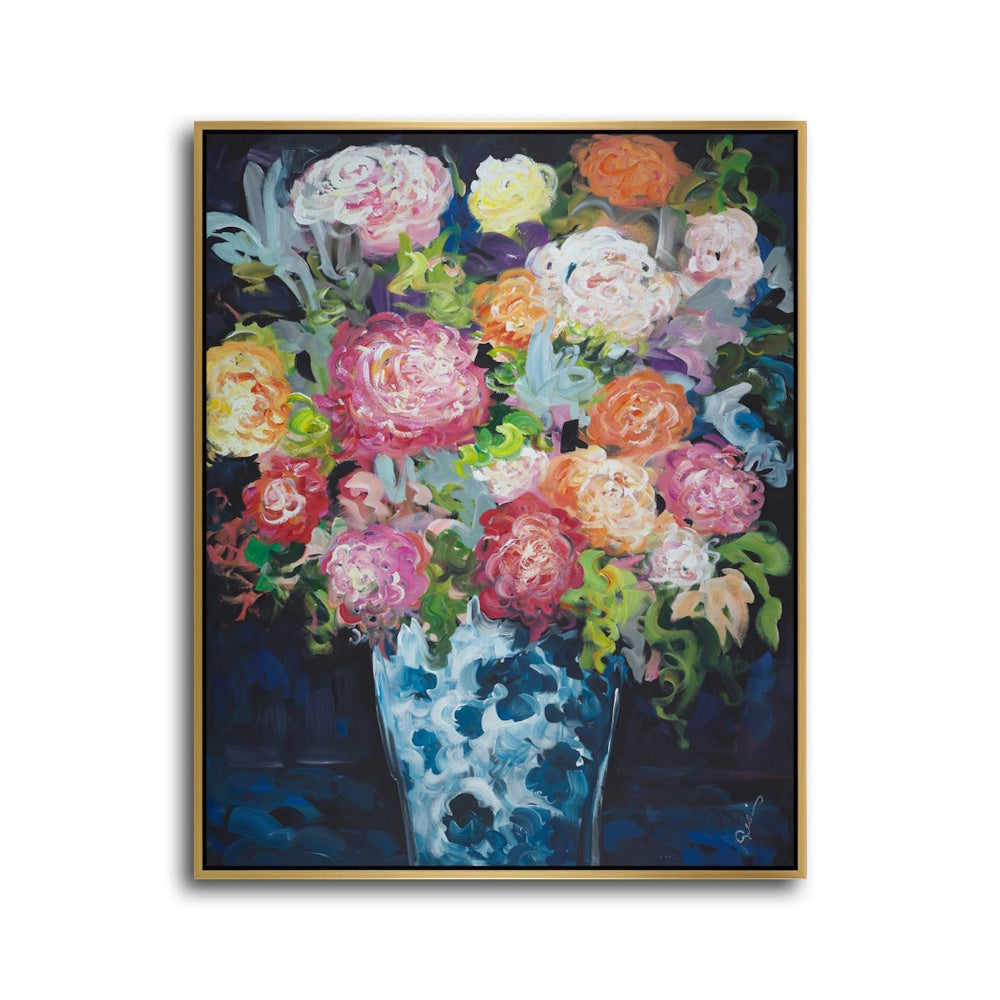 Vibrant impressionist painting of pink, orange, and white flowers in a blue patterned vase with a gold frame and dark background.