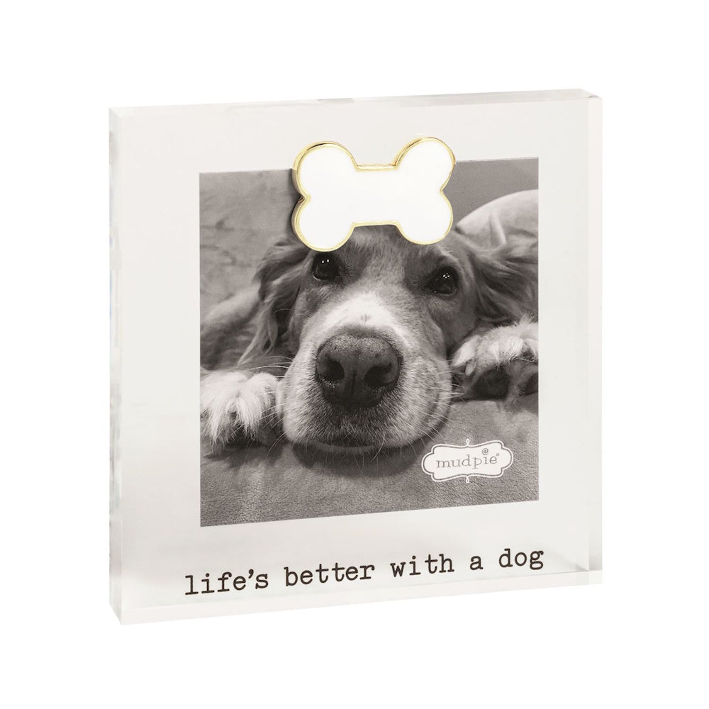 Clear acrylic mini picture frame with dog photo, bone accent, and text "life's better with a dog".