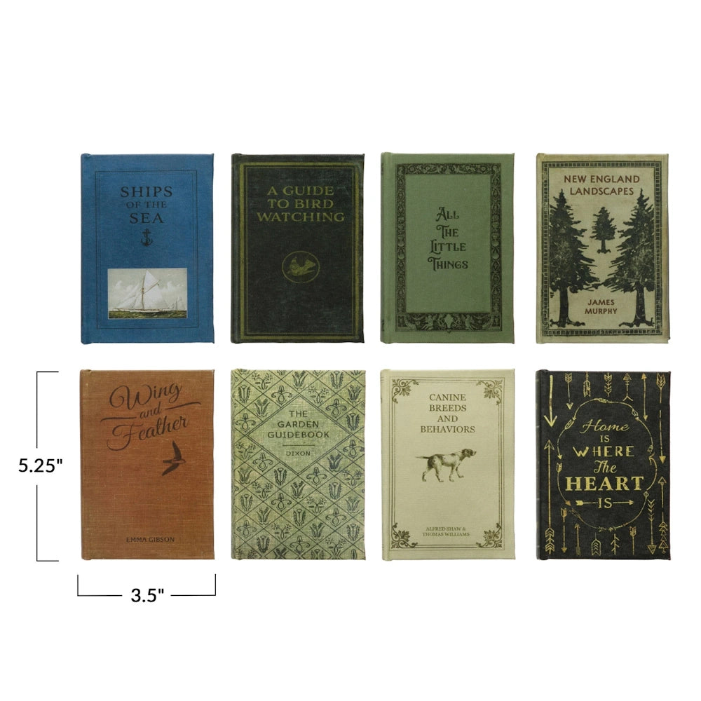 Set of 8 vintage-style mini books including Ships of the Sea and Garden Guidebook, measuring 5.25 by 3.5 inches.