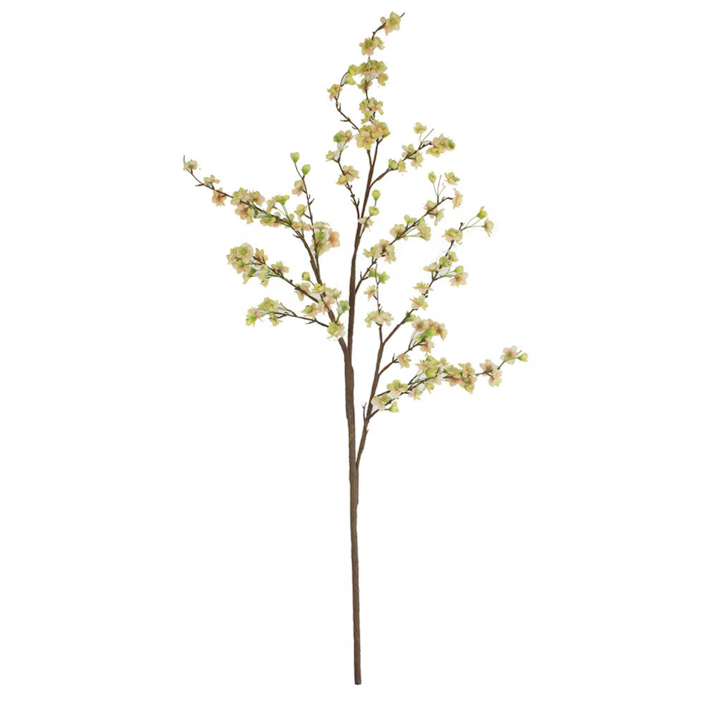 Artificial cherry blossom spray branch with small light pink and green flowers for home decor.
