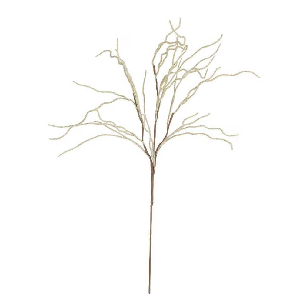 Glittery champagne decorative curly willow spray branch for floral arrangements.