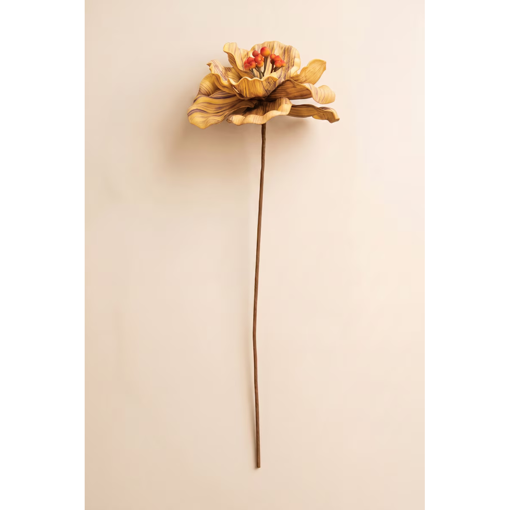Single yellow-striped artificial flower stem with red berry-like center on a soft beige background.