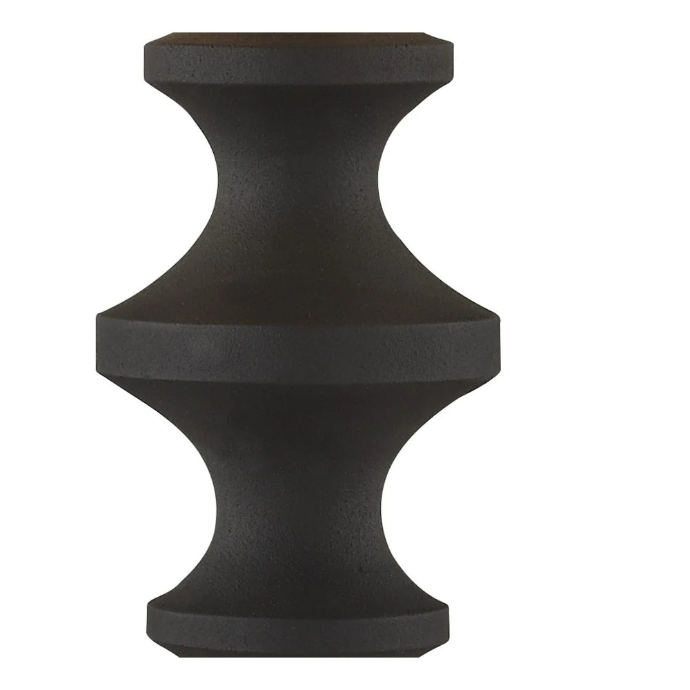 Close up of black metal buffet table lamp sculpted stem with matte textured finish.