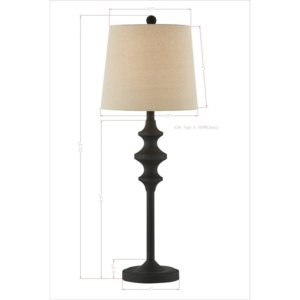 Black buffet lamp dimension diagram with beige tapered shade, 32.5 inch height and 7 inch round base.