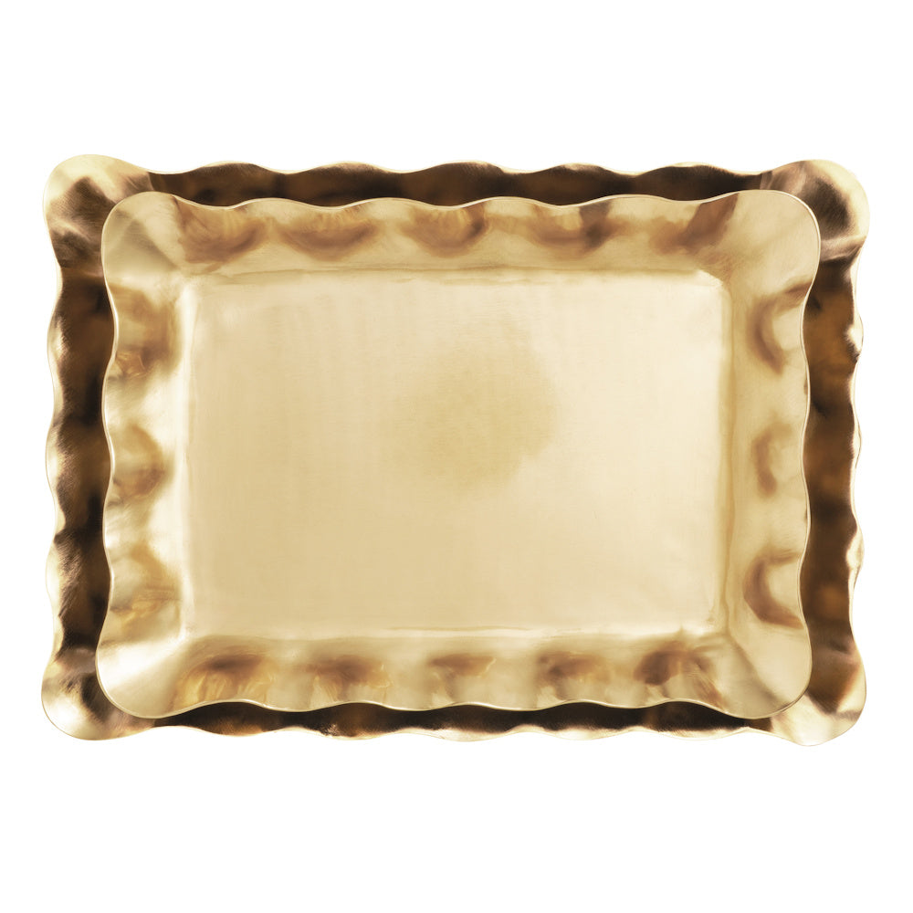 Two nested gold brass rectangular trays with ruffled decorative edges and a brushed matte finish.