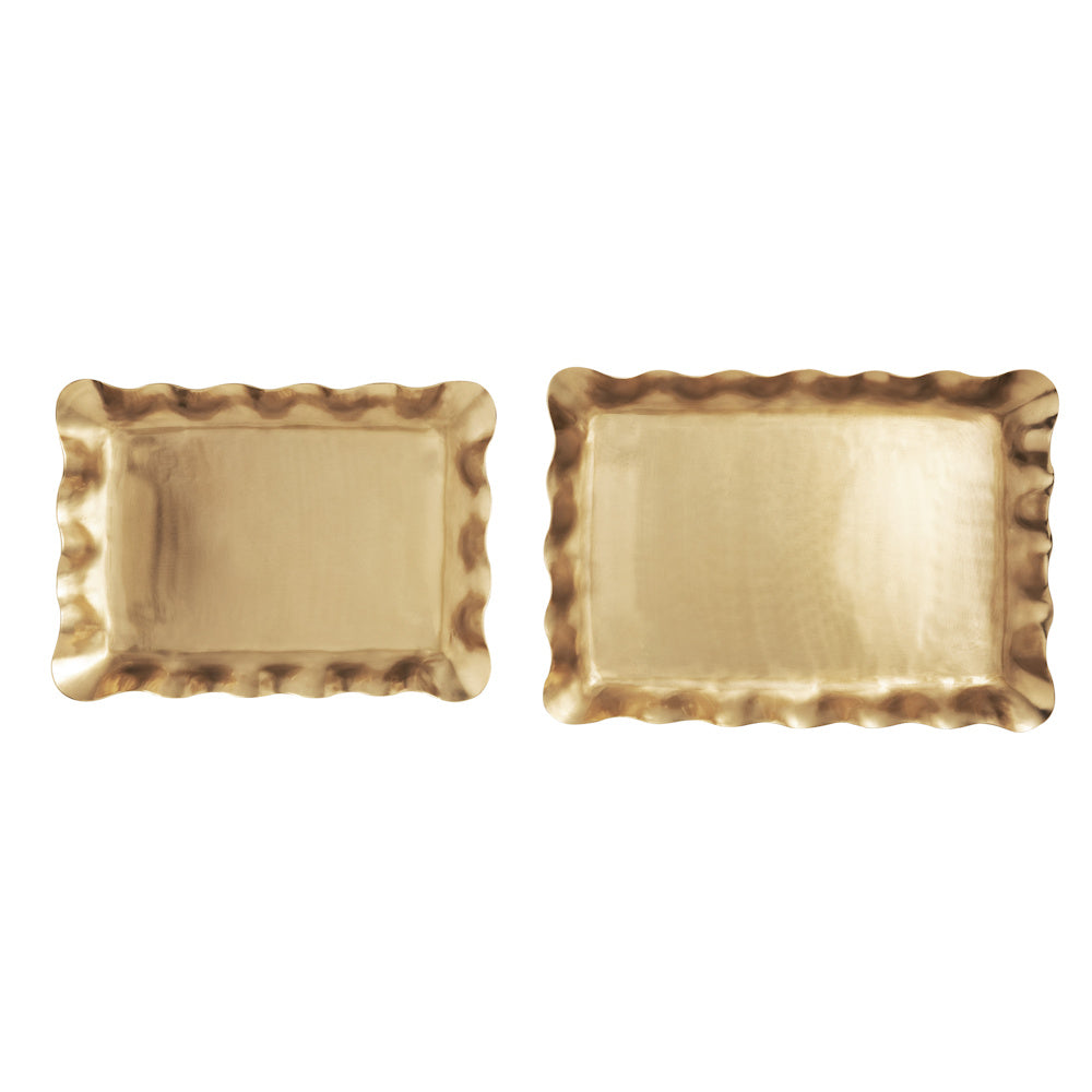 Set of two rectangular gold brass nesting trays with decorative ruffled edges on a white background.