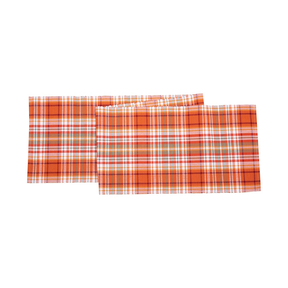 Orange, white, and red plaid fabric table runner folded against a plain white background.