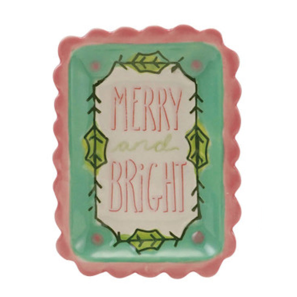 Rectangular stoneware dish with scalloped edges featuring a holly frame and the words "MERRY and BRIGHT".