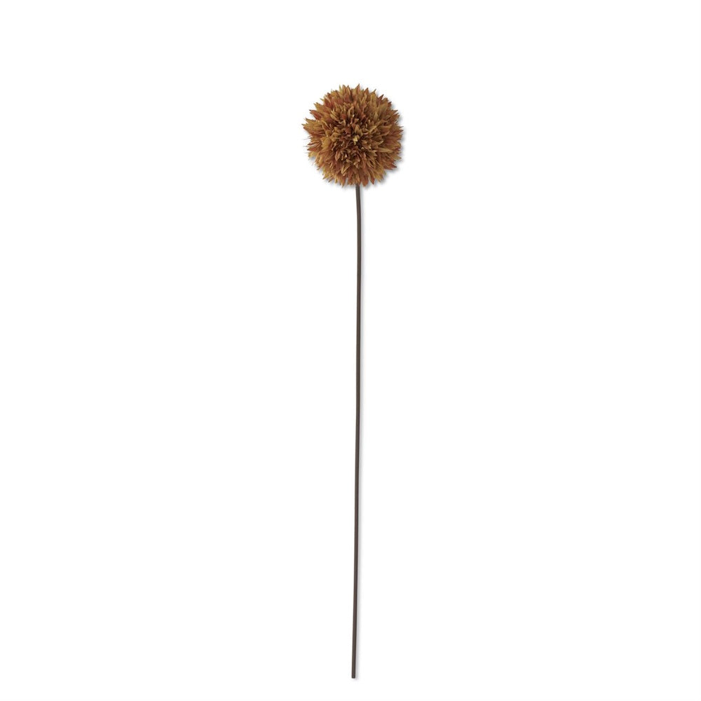 Single artificial brown allium stem with a round pom-pom flower head on a plain white background.