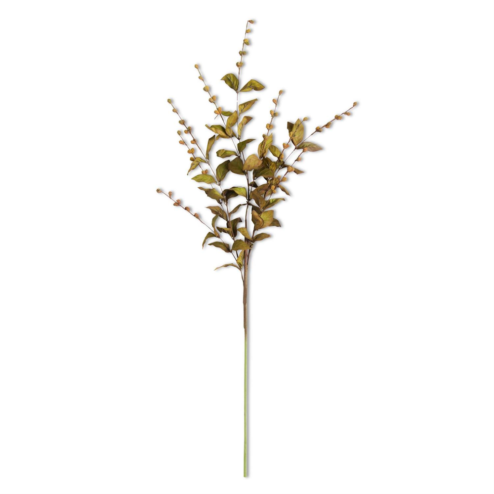 Artificial botanical stem with brown and green leaves and small buds on a solid white background.