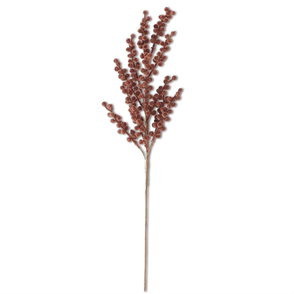 A single decorative stem featuring clusters of small, brown flocked berries against a white background.