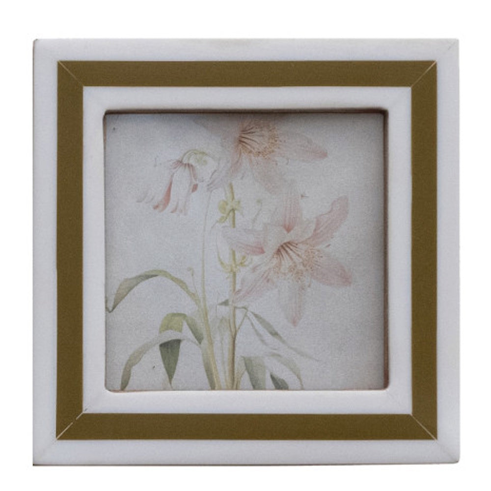 Square white frame with a brown stripe holding a botanical sketch of pink flowers.