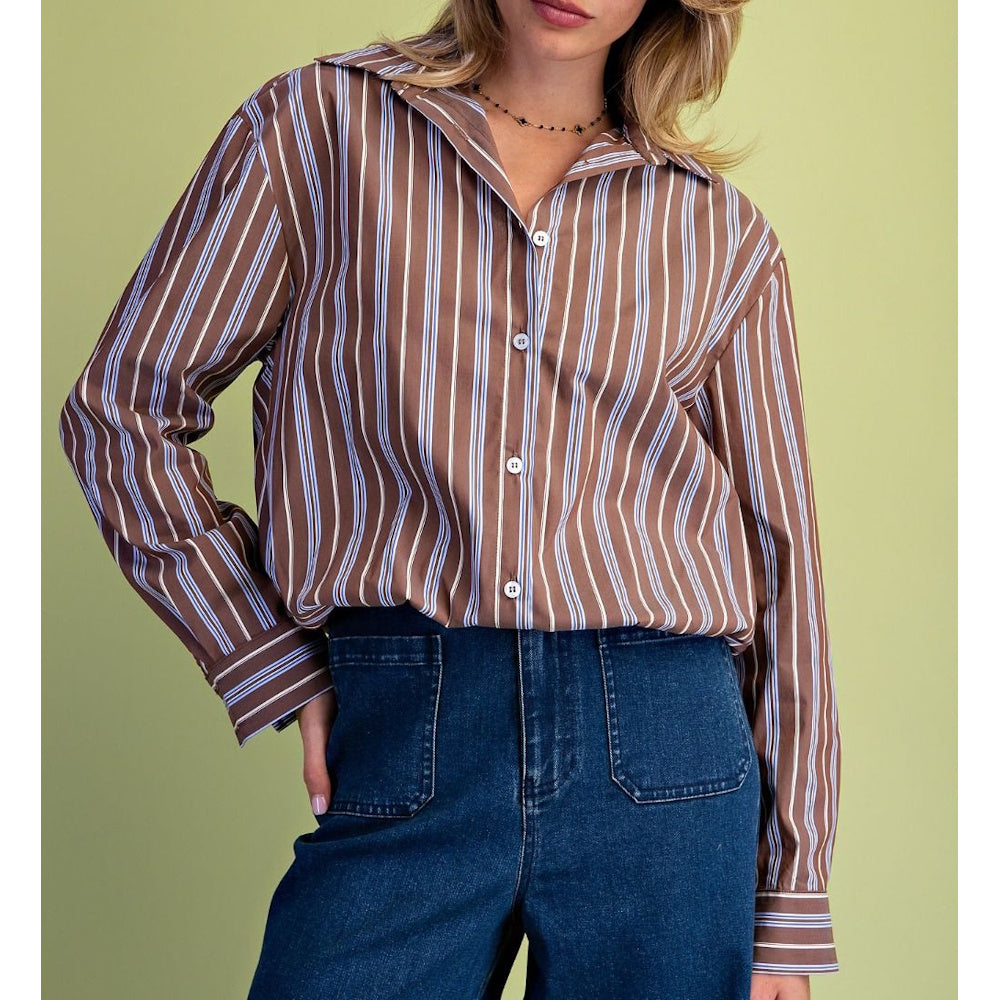 Front view of a brown button-down shirt with vertical white and blue stripes.