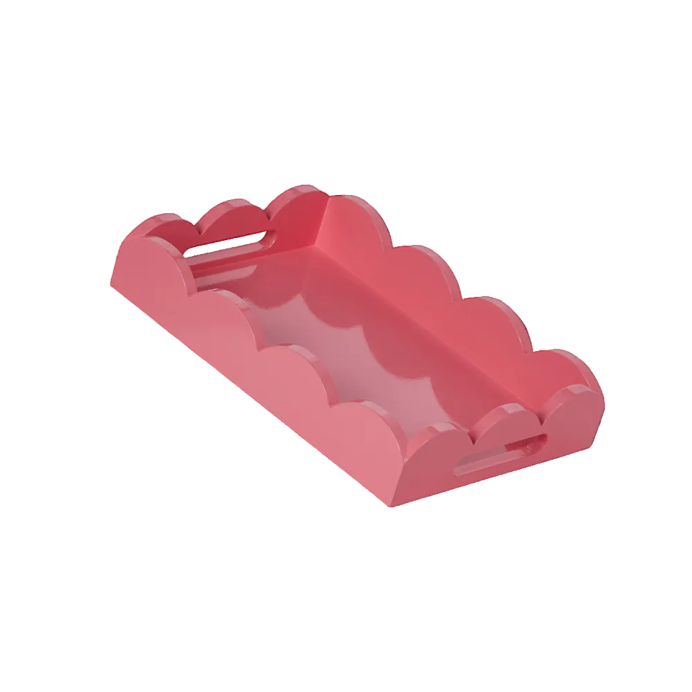 A pink serving tray with scalloped edges and handles on both sides. The tray has a glossy finish and is set against a solid white background.