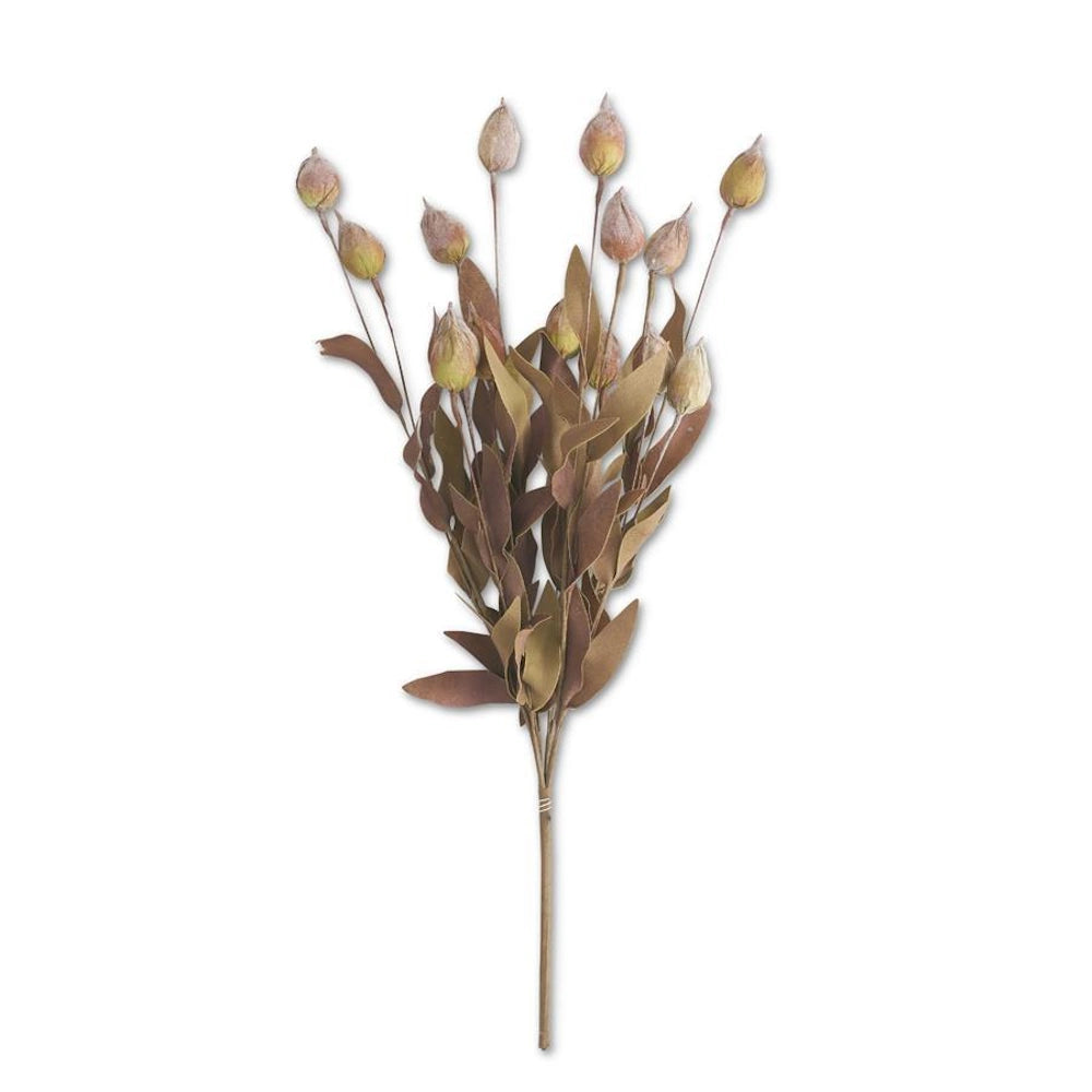 Artificial botanical bush with muted green and burgundy leaves topped with slender stems and small flower buds.