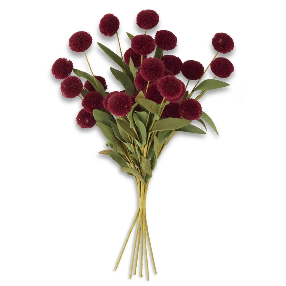 A bundle of six faux burgundy pompom flower picks with green leaves and stems on a white background.